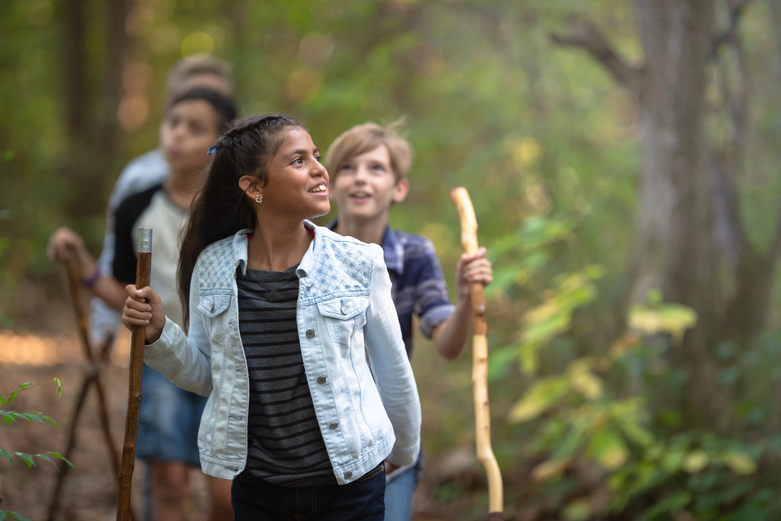 Children exploring a forest trail during a location-based outdoor learning activity